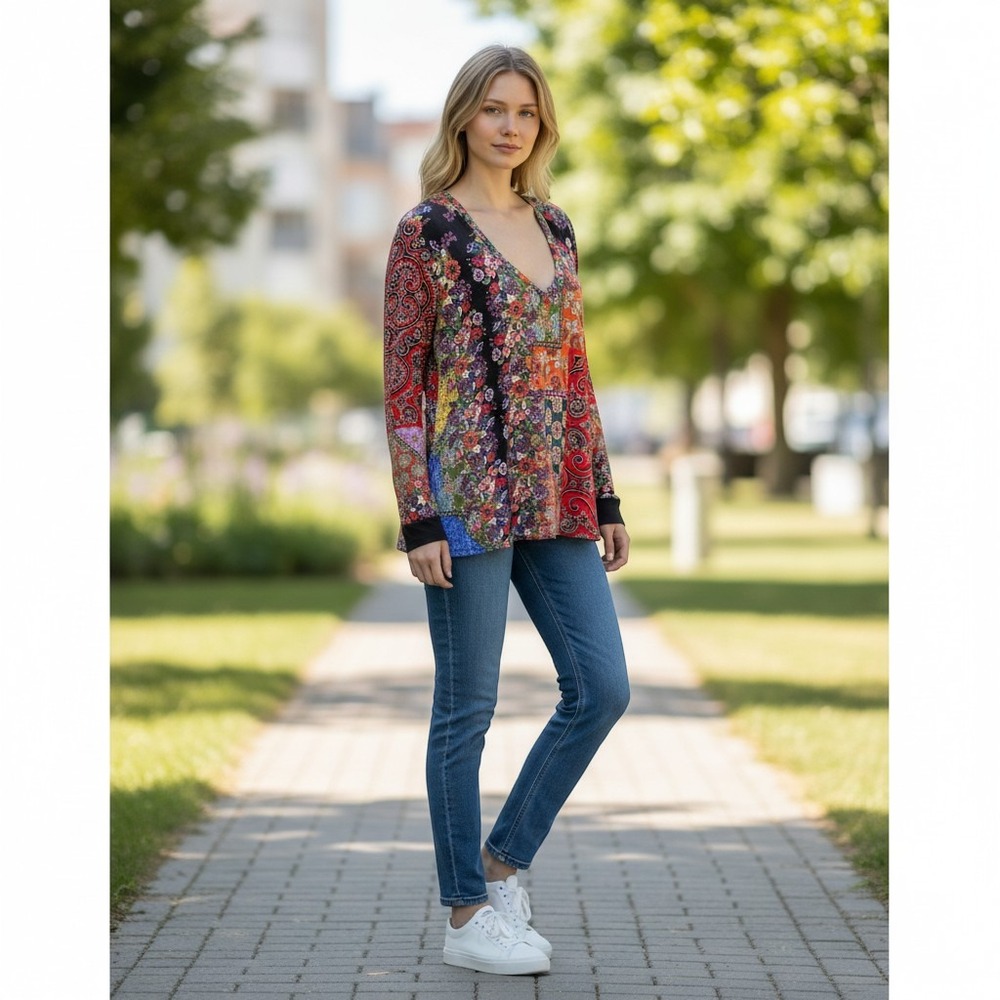 Johhny Was Patchwork Top Women Small Multicolor Floral Paisley Relaxed Fit Soft